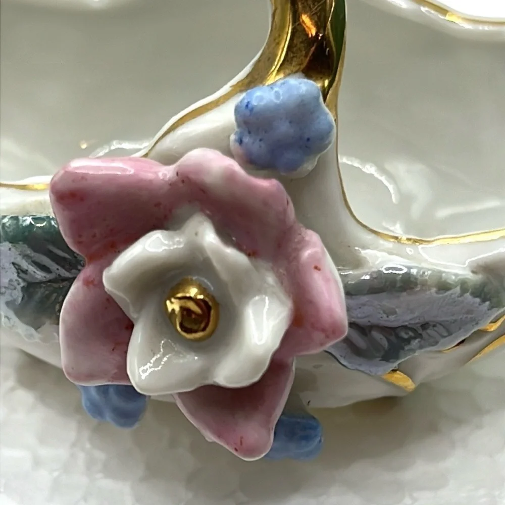 Pink and Blue Floral Porcelain Basket Gold Tone Mini